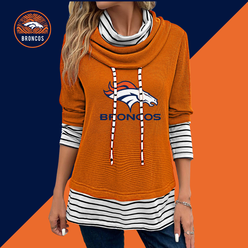 Patchwork Striped Cowl Neck Long Sleeve Sweatshirt-Denver Broncos